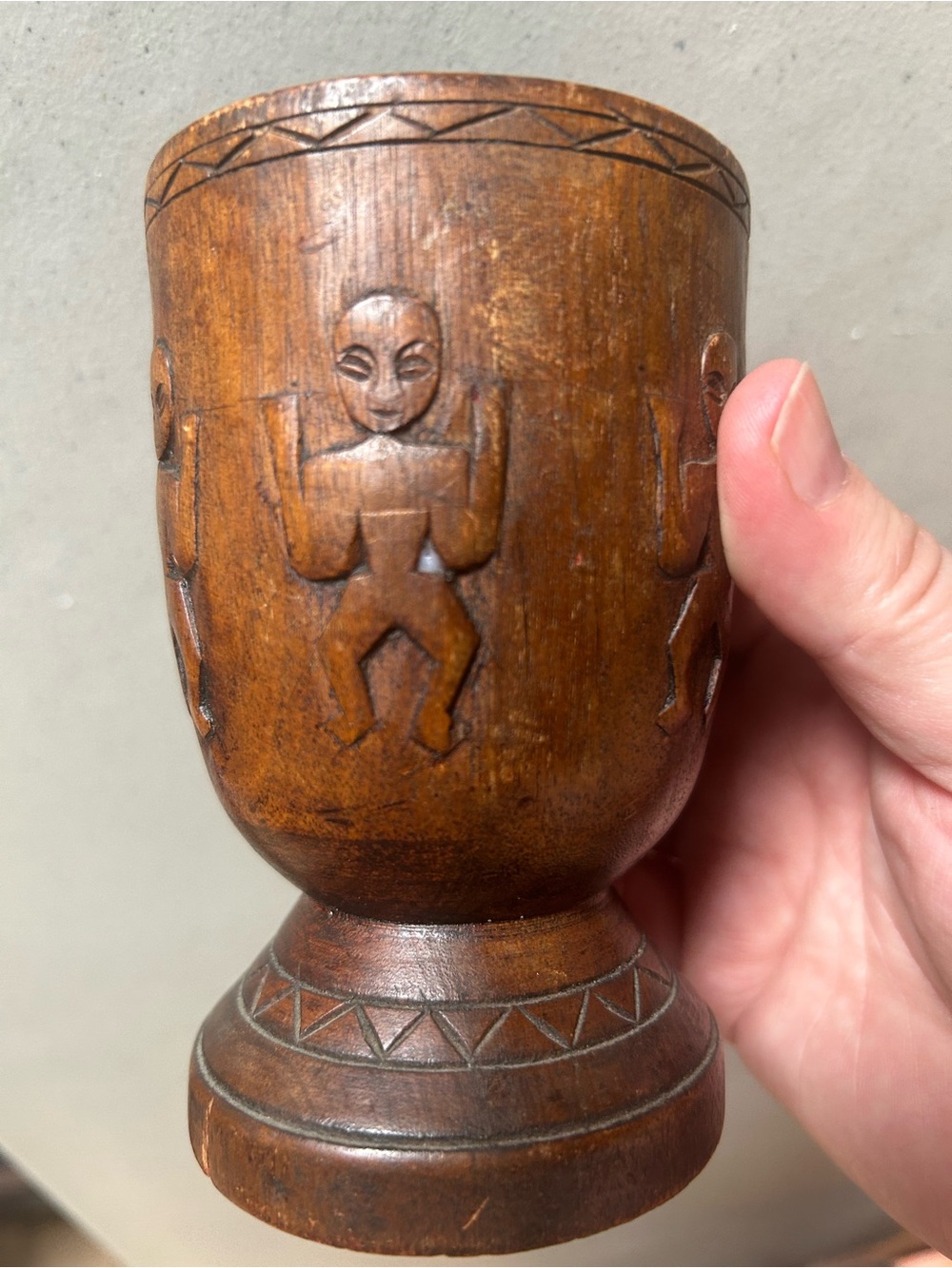4.75” high Hand Carved Wooden Goblet with Tribal Figures - Brown